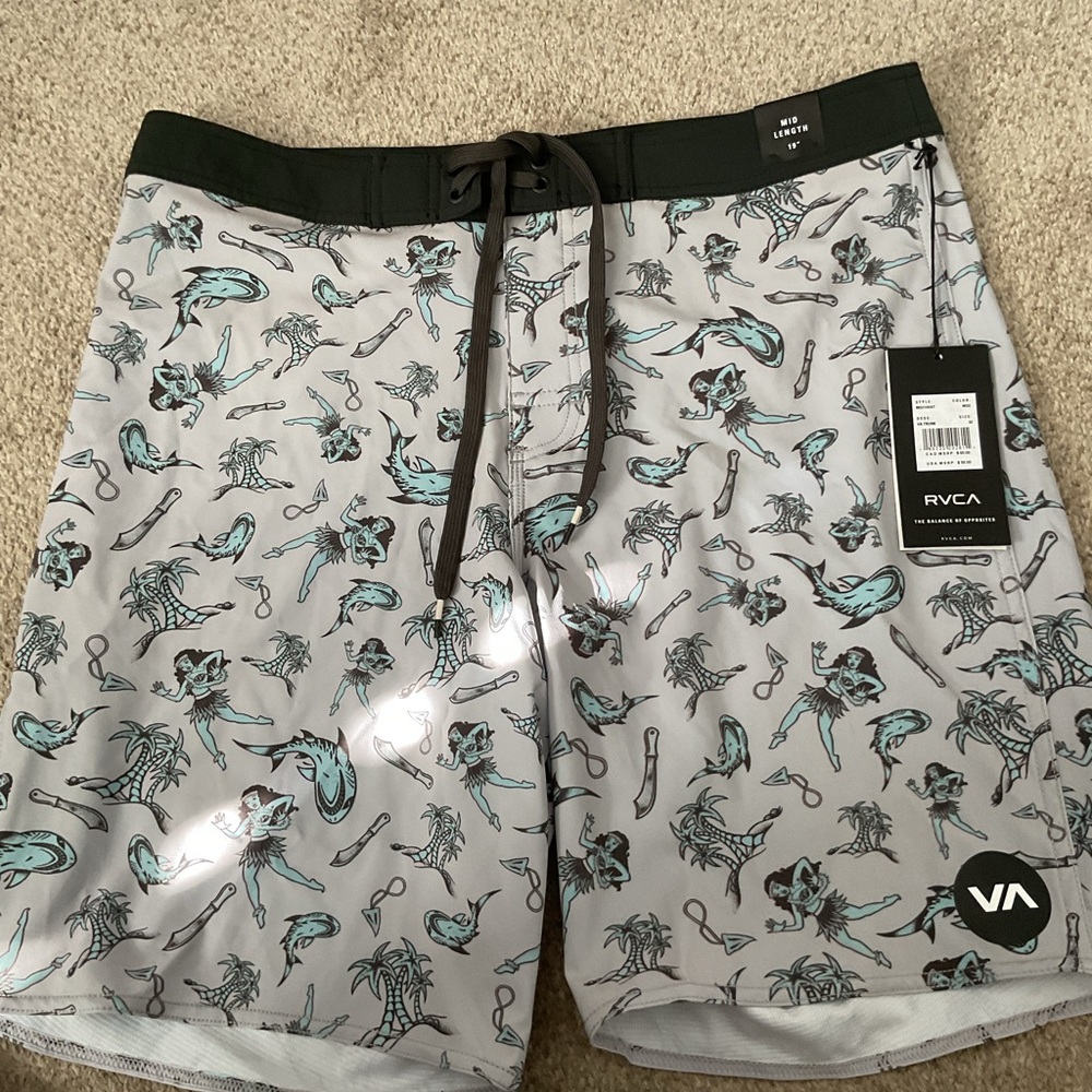 RVCA Men's Swim Shorts - Gray with Black and Blue Print NEW